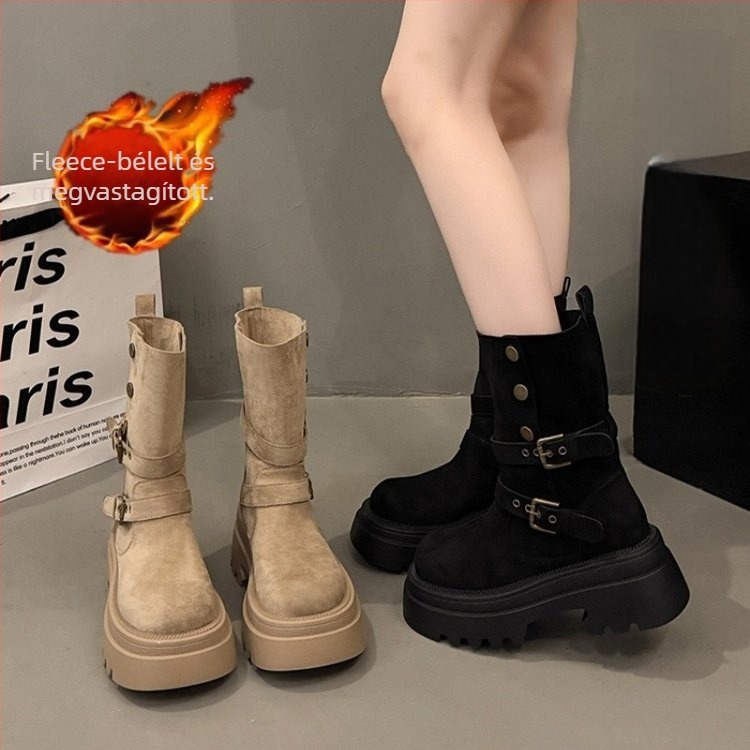 Női suede Martin-stílusú csizma magasságnövelő funkcióval, középszár, 3–5 cm-es sarok, csat záródás