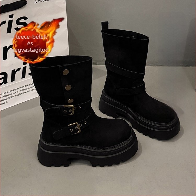 Női suede Martin-stílusú csizma magasságnövelő funkcióval, középszár, 3–5 cm-es sarok, csat záródás