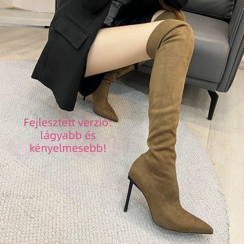 Női over-the-knee csizmák velúrból, hegyes orr, magas sarkú 6–8 cm, hátoldali cipzárral