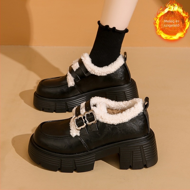 Loafers vastag sarkúval, 6–8 cm, Velcro zárás, PU felsőrész, fleece bélés, gumírozott talp
