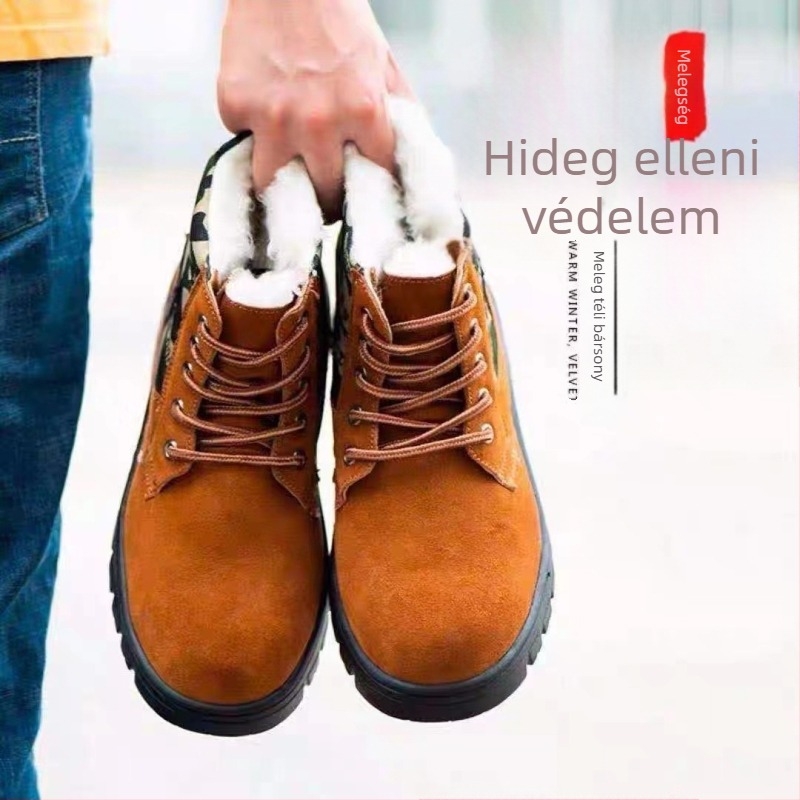 Téli munkavédelmi cipő építési területre, csúszásmentes, meleg fleecével bélelt, acél orr, velúr felsőrész, gumitalp