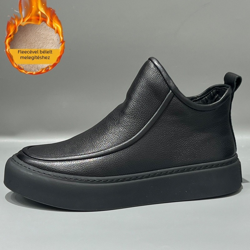 Férfi Chelsea bakancs valódi bőrből, meleg fleece bélés, oldalsó cipzár, kerek orr, középmagas sarkú 3-5 cm