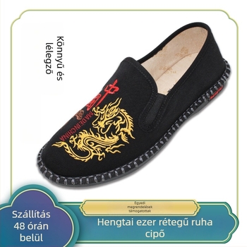 Férfi vászoncipő hímzéssel, etnikus stílus, lélegző, rugalmas slip-on, kerek orr, PU talp, bambuszrost talpbetét