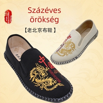 Férfi vászoncipő hímzéssel, etnikus stílus, lélegző, rugalmas slip-on, kerek orr, PU talp, bambuszrost talpbetét