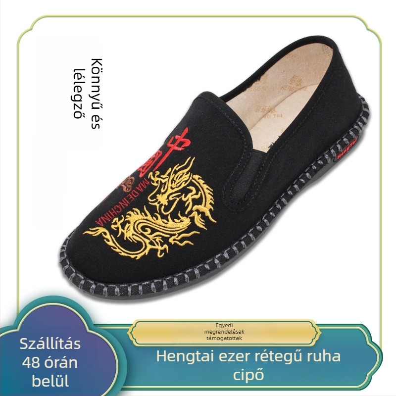 Férfi vászoncipő hímzéssel, etnikus stílus, lélegző, rugalmas slip-on, kerek orr, PU talp, bambuszrost talpbetét