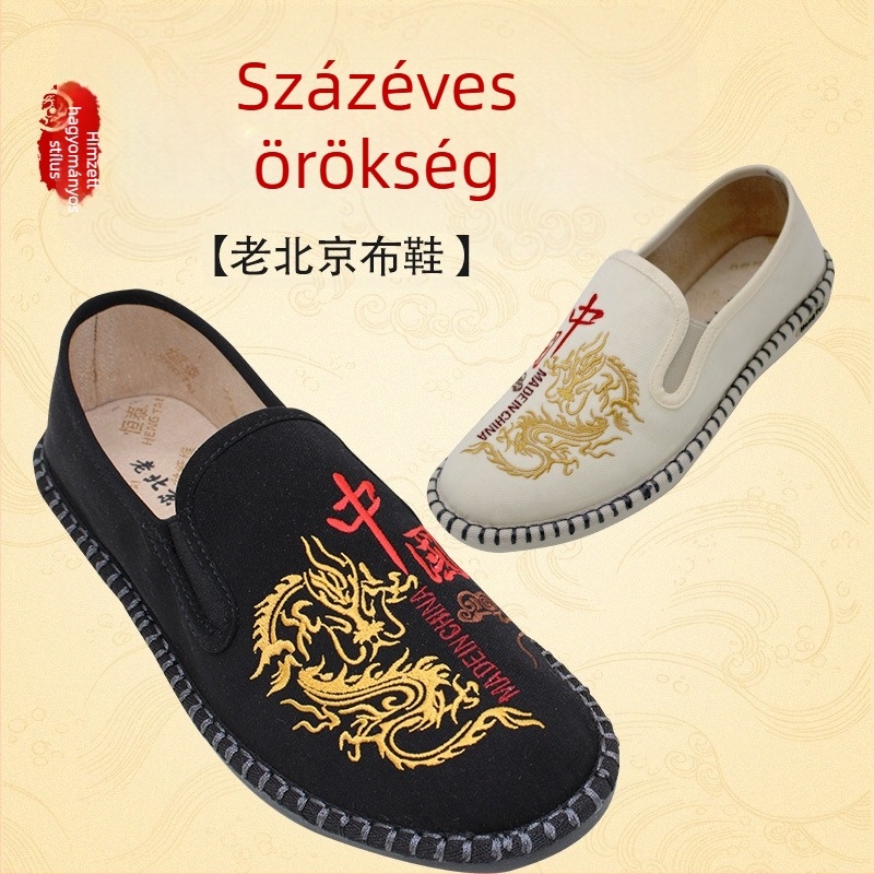 Férfi vászoncipő hímzéssel, etnikus stílus, lélegző, rugalmas slip-on, kerek orr, PU talp, bambuszrost talpbetét