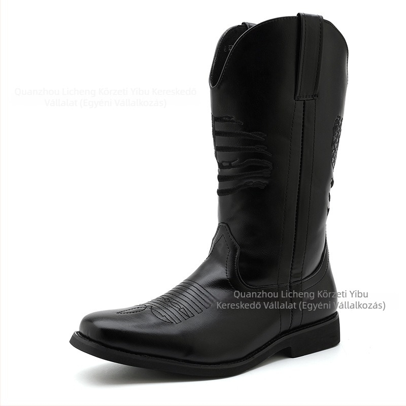 Férfi PU bőr csizma, Knight boots, hegyes orr, alacsony dőlt sarok 1–3 cm, gumírozott talp