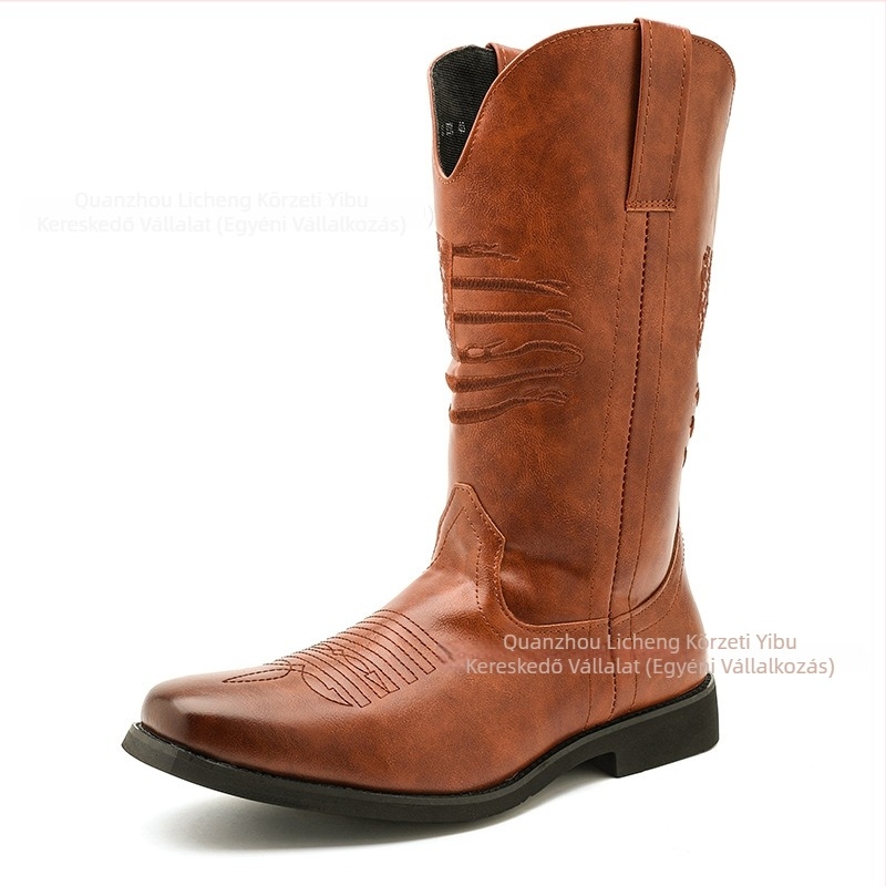 Férfi PU bőr csizma, Knight boots, hegyes orr, alacsony dőlt sarok 1–3 cm, gumírozott talp