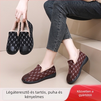 Női téli bean cipő plüss béléssel, kockás mintázat, alacsony sarok, puha talp, PVC talp