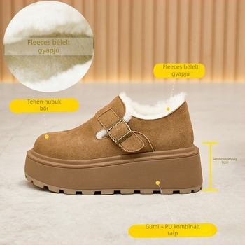 Női nubuk bőrből készült vastag talpú cipő, fleece bélés, PU+gumi talp, Velcro-zárás, 6–8 cm sarokmagasság