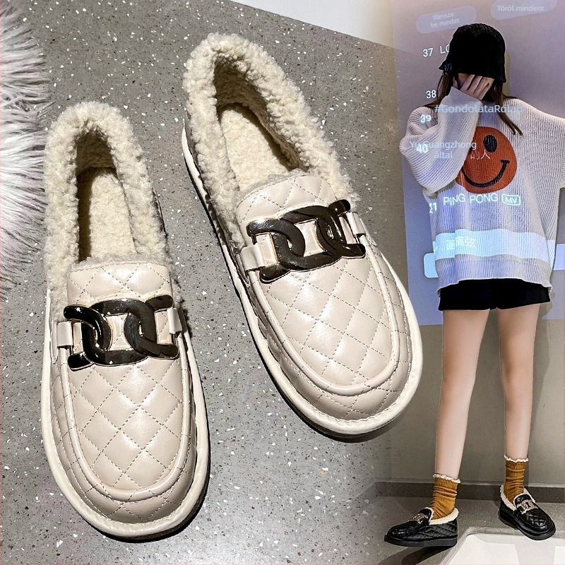 Női téli vízálló PU cipő műszőrmés béléssel, Slip-On, lapos sarok, PVC talp