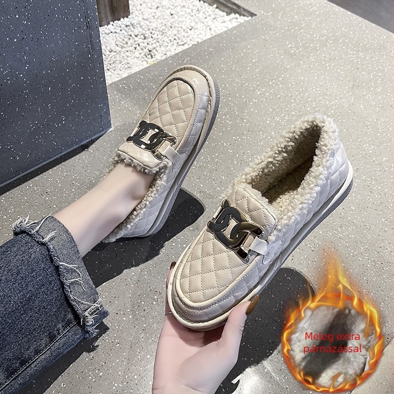 Női téli vízálló PU cipő műszőrmés béléssel, Slip-On, lapos sarok, PVC talp