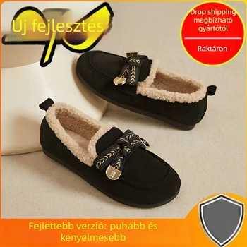 Velúr loafer téli viselet, kerek orrú, fleece-bélés, gumitalp, slip-on