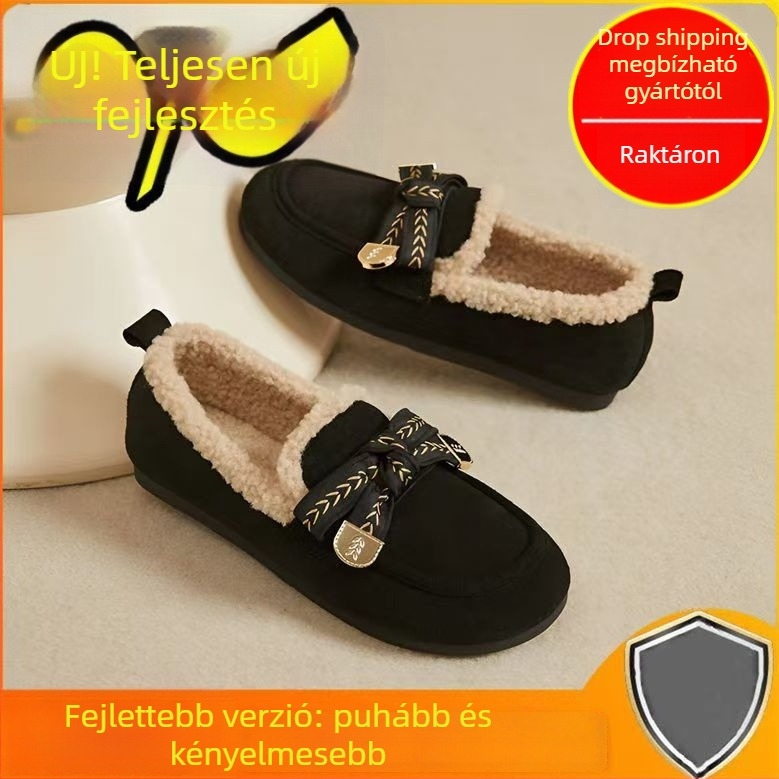 Velúr loafer téli viselet, kerek orrú, fleece-bélés, gumitalp, slip-on