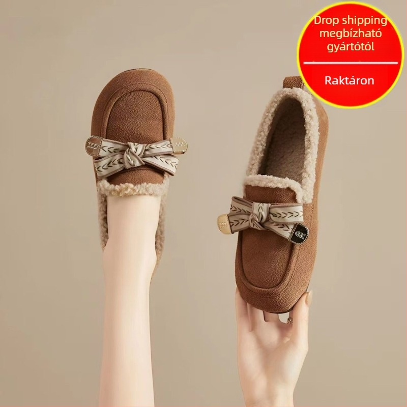 Velúr loafer téli viselet, kerek orrú, fleece-bélés, gumitalp, slip-on