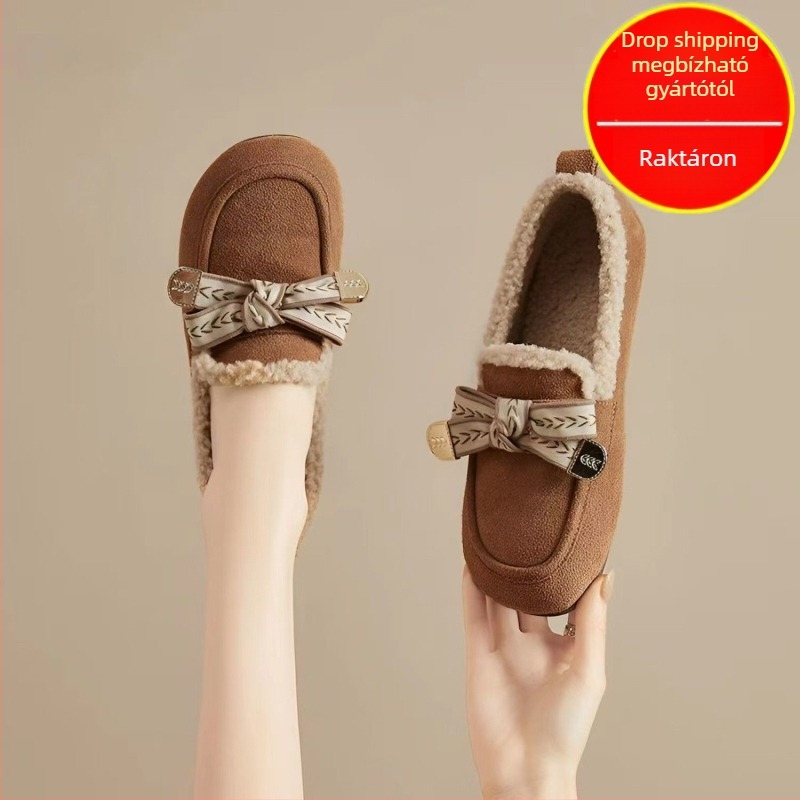 Velúr loafer téli viselet, kerek orrú, fleece-bélés, gumitalp, slip-on