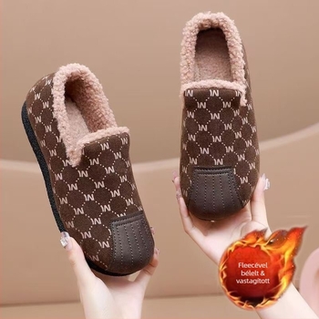 Pamut slip-on cipő plüss felsőrésszel és béléssel, alacsony felső rész, hal formájú orr, PVC talp