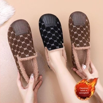 Pamut slip-on cipő plüss felsőrésszel és béléssel, alacsony felső rész, hal formájú orr, PVC talp