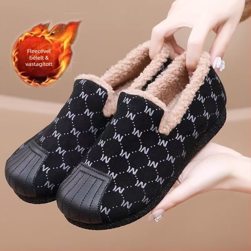 Pamut slip-on cipő plüss felsőrésszel és béléssel, alacsony felső rész, hal formájú orr, PVC talp