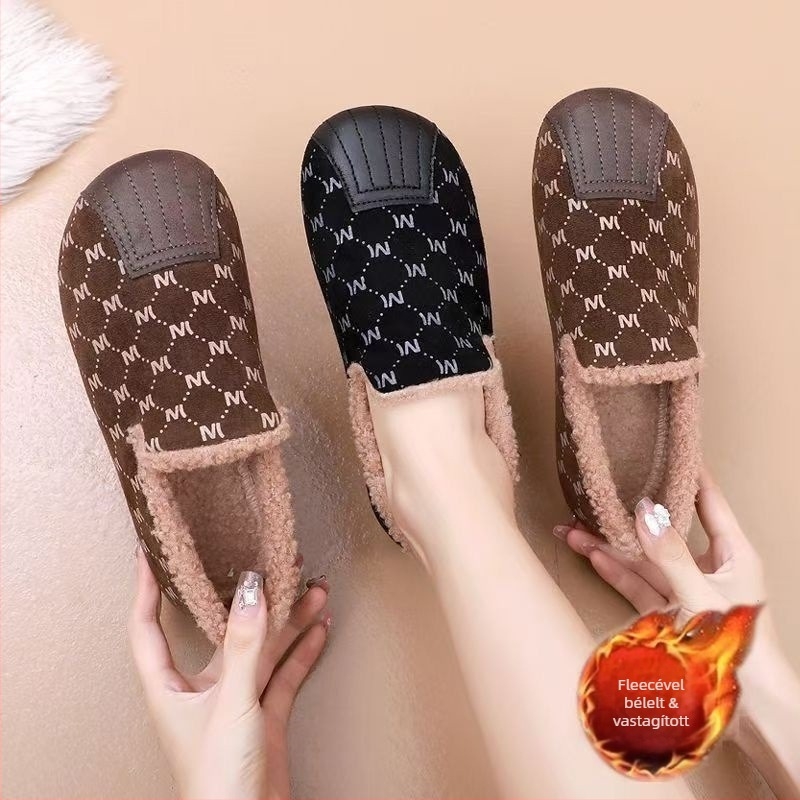 Pamut slip-on cipő plüss felsőrésszel és béléssel, alacsony felső rész, hal formájú orr, PVC talp