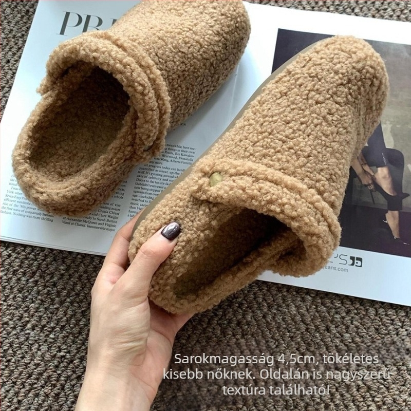 Női báránygyapjúval bélelt koreai stílusú loaferek, gumírozott talp, kerek orr, középmagas 3–5 cm-es sarok