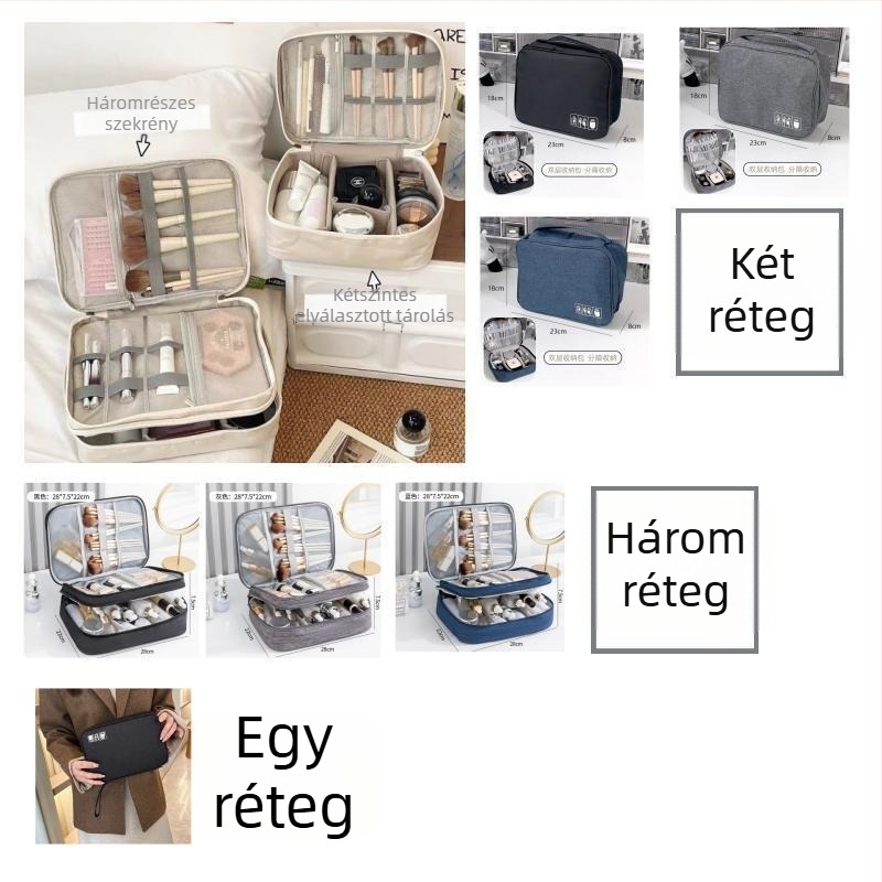 Sminkes táska nagy kapacitással és rekeszekkel, utazáshoz, foltálló, multifunkcionális tároló (Anyag: Szövet; Mintázat: Egyéb; Bélés: Más; Funkció: Más; Nem: Férfi)