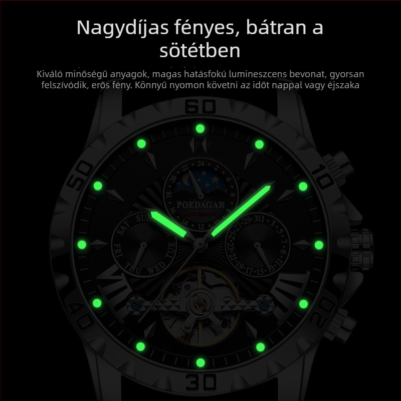Poedagar férfi mechanikus órája holdfázis kijelzéssel, hét nap és hónap megjelenítéssel, 30 m vízállóság, valódi bőrszíj