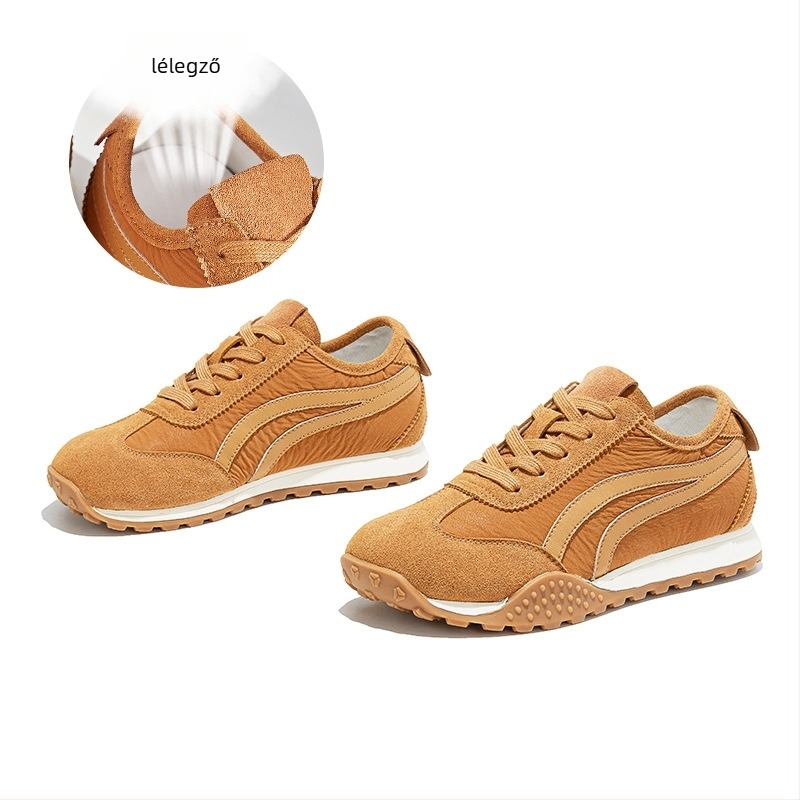 Női dad shoes stílusú sportcipő nubuk marhából, négyszögletes orrú, alacsony sarka 1-3 cm, elől fűzővel záródó, gumitalp
