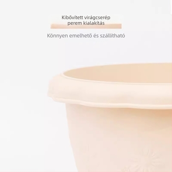 Gyantából készült virágcserép kerámiához hasonló megjelenéssel, reliefes hullám mintázatú kerek forma, alkalmas sukulenták és rózsák számára – erkélyre