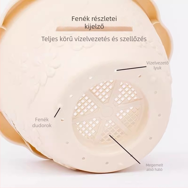 Gyantából készült virágcserép kerámiához hasonló megjelenéssel, reliefes hullám mintázatú kerek forma, alkalmas sukulenták és rózsák számára – erkélyre