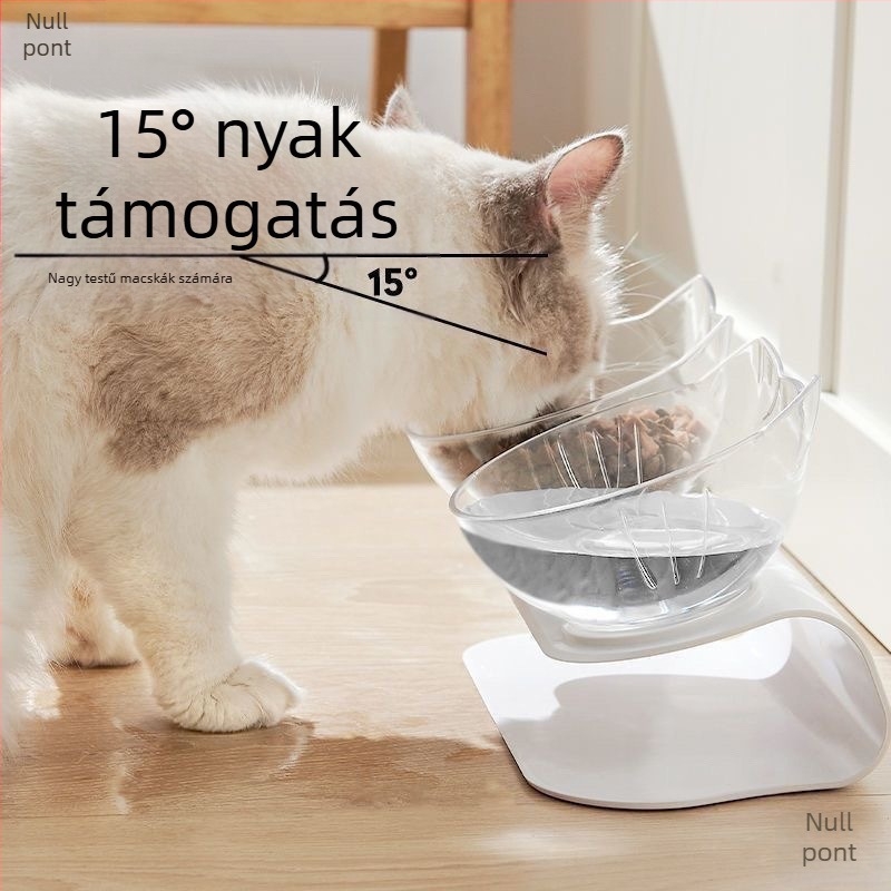Macskáknak készült etető tál nyaki védelemmel, dupla tál, két az egyben görbült nyílás (Anyag: rozsdamentes acél; Kategória: kisállat etetőedények; Alkalmazható: macskák; Import: Nem)