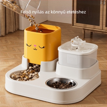 Rozsdamentes acélból készült macska automata ivóvízforrás száraz-nedves elválasztással, kettős tálakkal, anti-tip kialakítással, etetőeszközök mellékelve