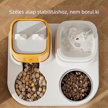 Rozsdamentes acélból készült macska automata ivóvízforrás száraz-nedves elválasztással, kettős tálakkal, anti-tip kialakítással, etetőeszközök mellékelve