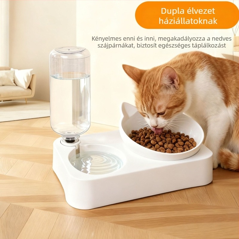 Kettős macskatál automata ivóvízzel, anti-tipp, műanyag