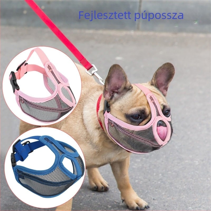 Francia bulldog pofa-maszka — nylon hálóval készült kutyamáska, anti-evés és anti-harapás védelemmel, szalagzárás