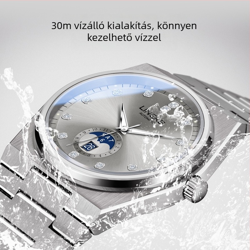 Férfiak számára tervezett mechanikus automata karóra, 2835-ös mozgás, zafír kristály, rozsdamentes acél tok és karpánt, naptár