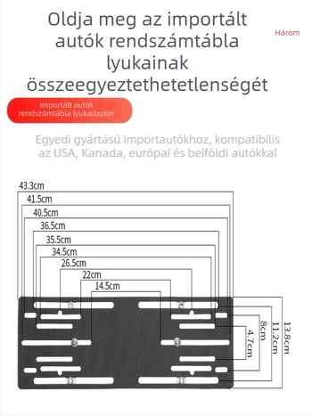 Rozsdamentes acélból készült rendszámtábla tartó — univerzális, Zfq modell, lyukhelyzet átalakító keret