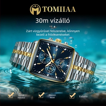 Férfi négyzetes kvarc karóra (kvarc működés, négyzet alakú számlap, rozsdamentes acél tokkal, rozsdamentes acél csattal, vízálló 30 m)