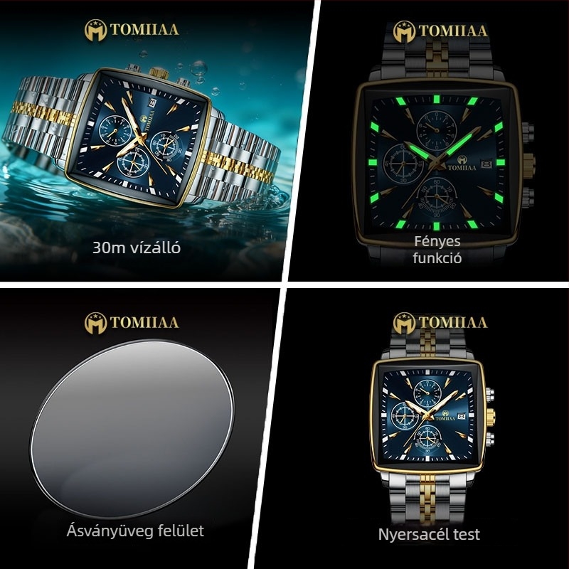 Férfi négyzetes kvarc karóra (kvarc működés, négyzet alakú számlap, rozsdamentes acél tokkal, rozsdamentes acél csattal, vízálló 30 m)