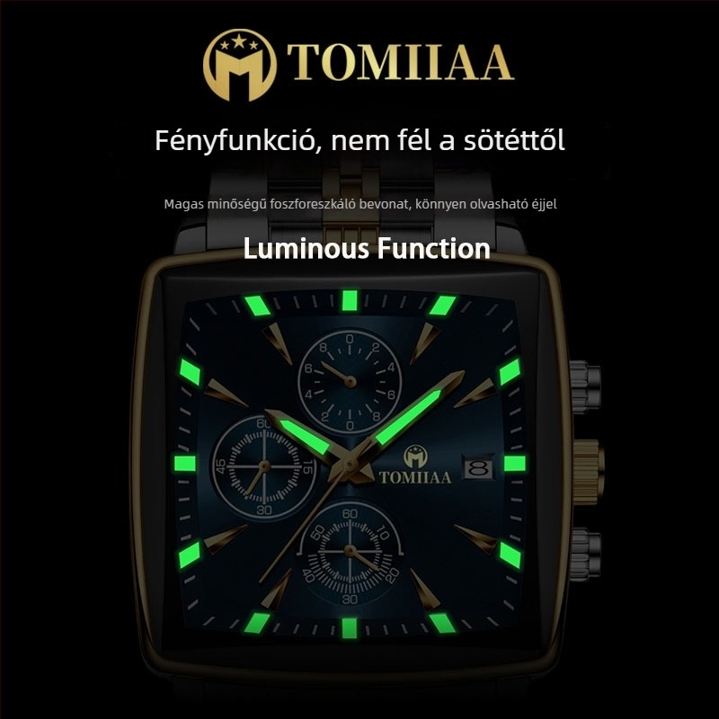 Férfi négyzetes kvarc karóra (kvarc működés, négyzet alakú számlap, rozsdamentes acél tokkal, rozsdamentes acél csattal, vízálló 30 m)