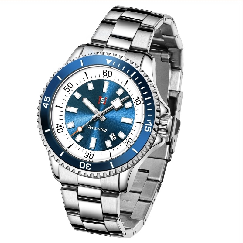 Férfi üzleti stílusú óra rozsdamentes acél szíjjal, kvarc mozgatás, lumineszkáló naptár, vízállóság 30M, tok ötvözetből