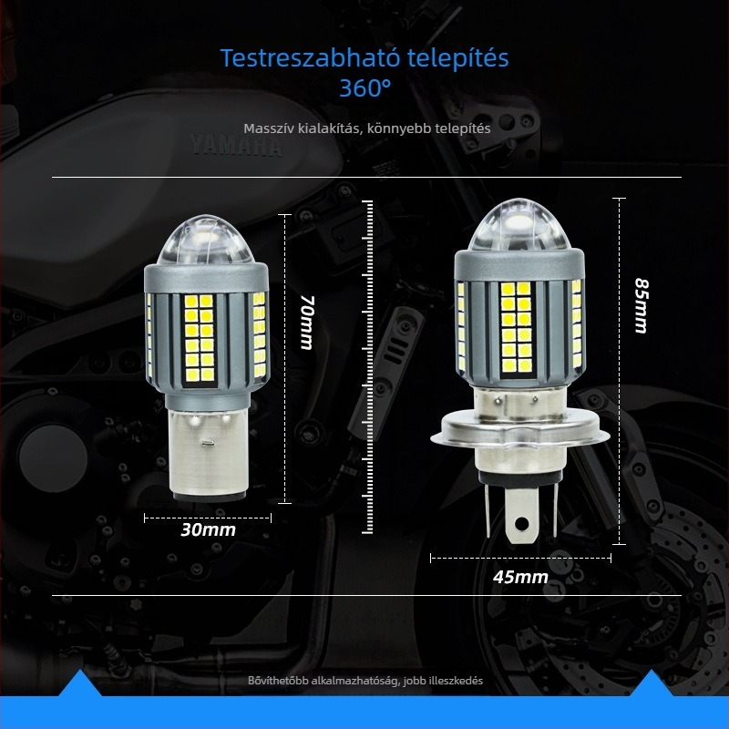 Motorkerékpár LED fényszóró H4 BA20D, kétszínű, alumínium ház, lencse, 9–80V, 0,18A, élettartam 5 000 000 óra