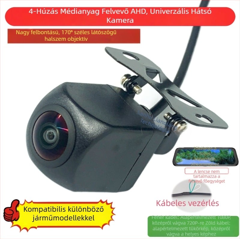 4-pin AHD hátsó kamera, 1080P felbontás, 170° fisheye széleslátószögű objektív, 12V tápegység