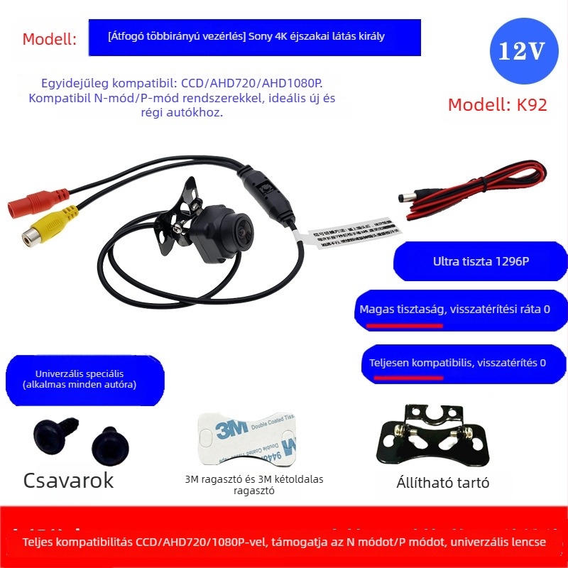 K92 Autóhátsó kamera – 12V, 170° látószög, AHD+CCD videó, 1296 felbontás, ABS ház
