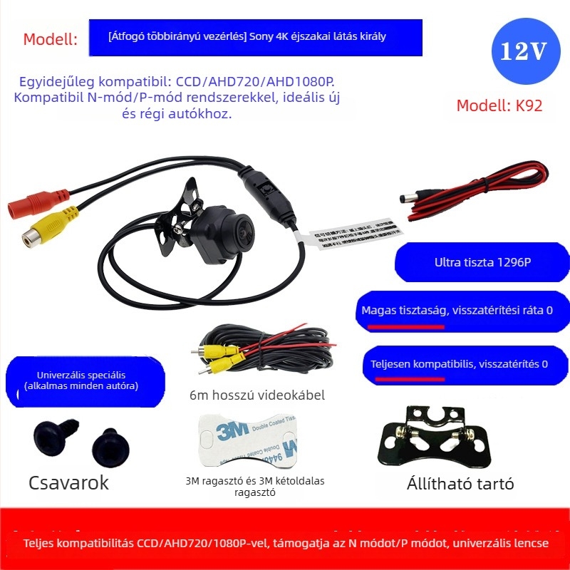 K92 Autóhátsó kamera – 12V, 170° látószög, AHD+CCD videó, 1296 felbontás, ABS ház