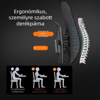 Irodai és autóban használható deréktámasz párna, ergonikus kialakítás, légáteresztő háló, poliészter rost töltet, testreszabhatóság elérhető, modern minimalista stílus