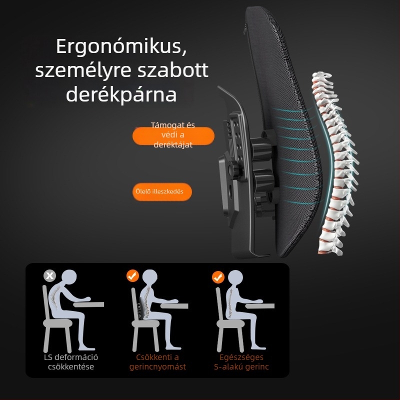Irodai és autóban használható deréktámasz párna, ergonikus kialakítás, légáteresztő háló, poliészter rost töltet, testreszabhatóság elérhető, modern minimalista stílus