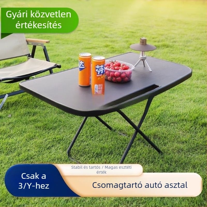 Autós kemping összecsukható, hordozható asztal — fém/plasztik/fa szerkezet, beépített telepítés, tárolási funkció