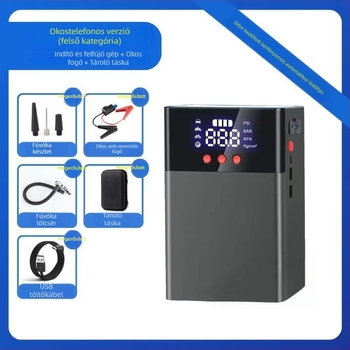 Q9 Autó Mentő áramforrás Pumával – 2 az 1-ben indítás és felfújás, nagy kapacitás; Funkciók: bekapcsolás, felfújás, világítás, USB töltés; családi autókhoz; testreszabás elérhető