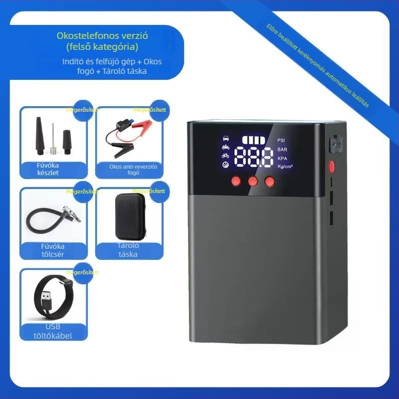 Q9 Autó Mentő áramforrás Pumával – 2 az 1-ben indítás és felfújás, nagy kapacitás; Funkciók: bekapcsolás, felfújás, világítás, USB töltés; családi autókhoz; testreszabás elérhető